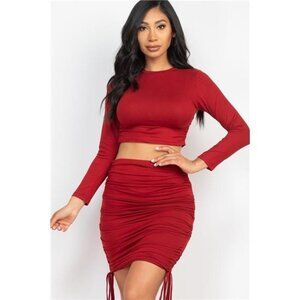Wine Red Ruched Side Crop Top & Drawstring Skirt Set For Women